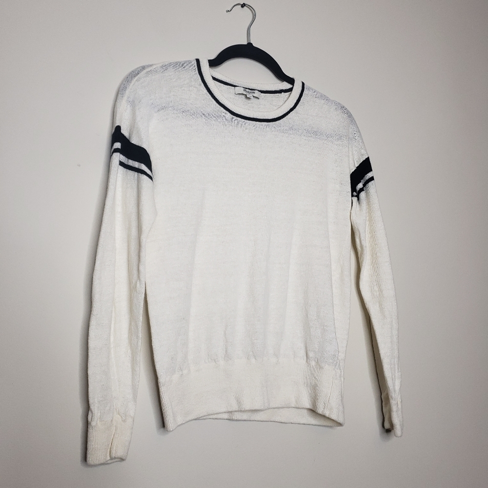Madewell 100% Linen Varsity Stripe Sweater Small White Navy Preppy Coastal